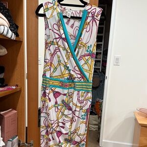 Cache White and Teal Patterned Midi Dress